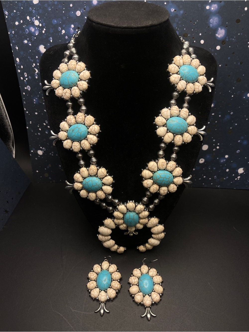 Squash Blossom Necklace Earrings Set Turquoise Cream Naja Western Boho